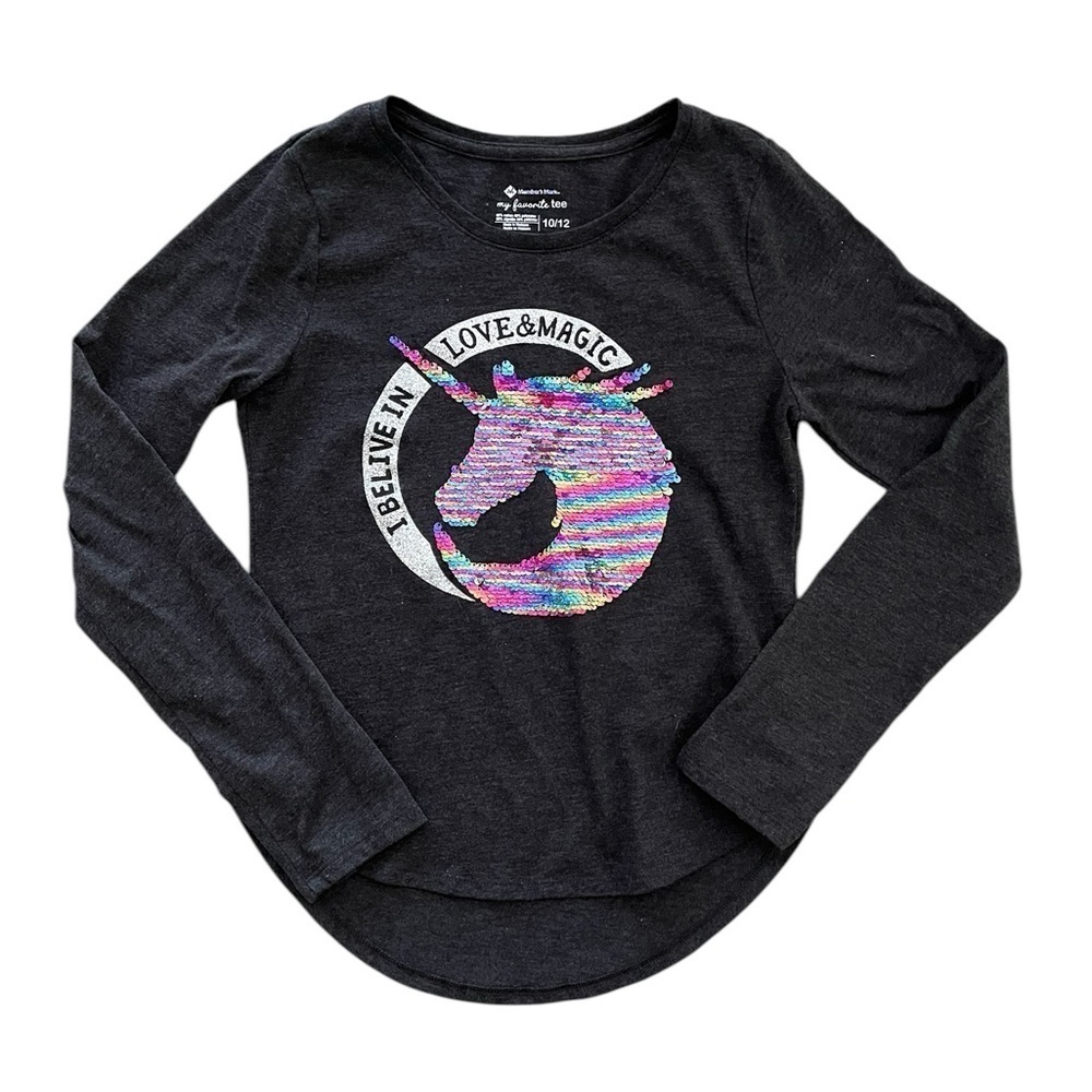 Members Mark Unicorn Sequin Black Long Sleeve Shirt Kids 10 / 12